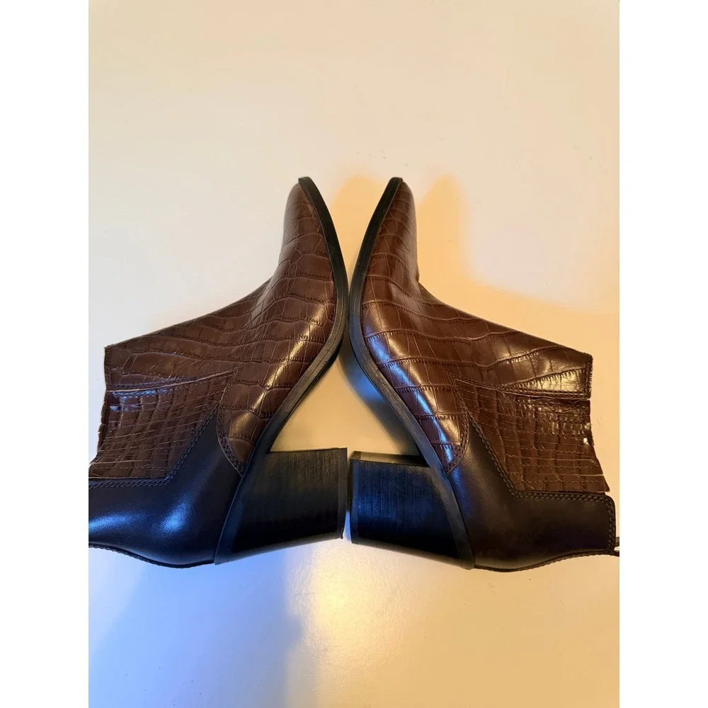 Marc Fisher Ankle Boots Size 8.5 Brown Yale Croc Embossed Leather Block Heel